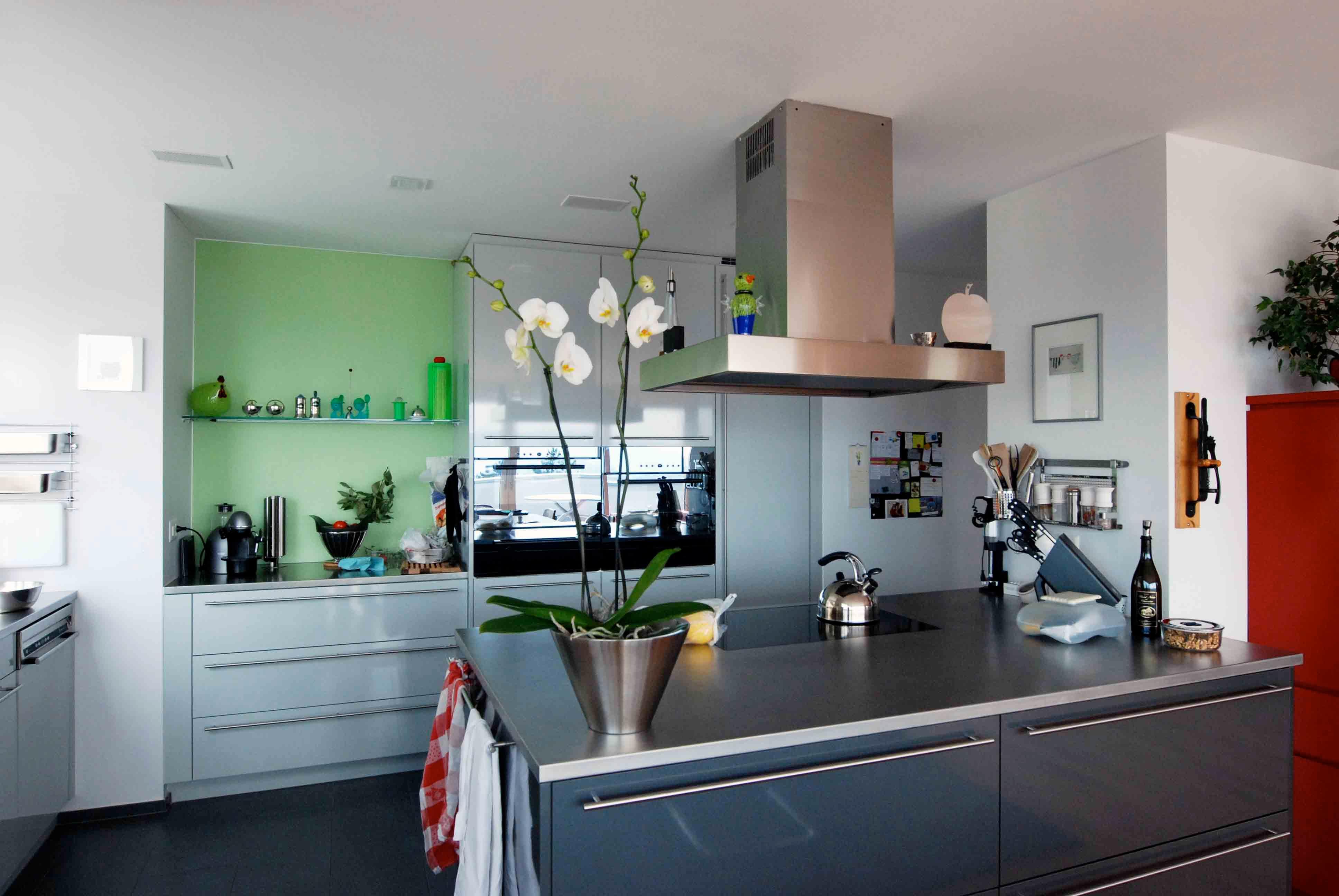 Architektur-Reportage Biel Solarfassade: Küche mit Chromstahl Elementen