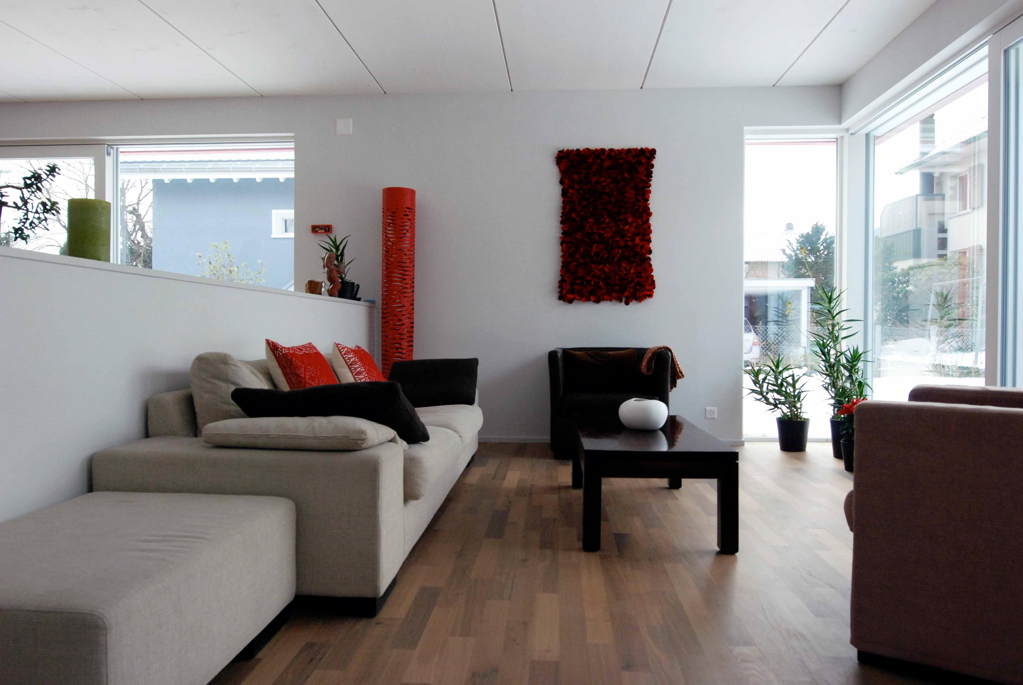  Architektur-Reportage Thun roter Kubus: Wohnbereich mit Sofa und Kunst