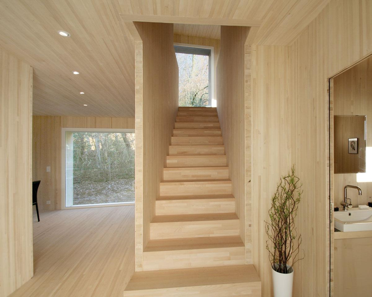  Architektur-Reportage Uitikon Waldrand: auch die Treppe ist komplett mit Holz ausgekleidet