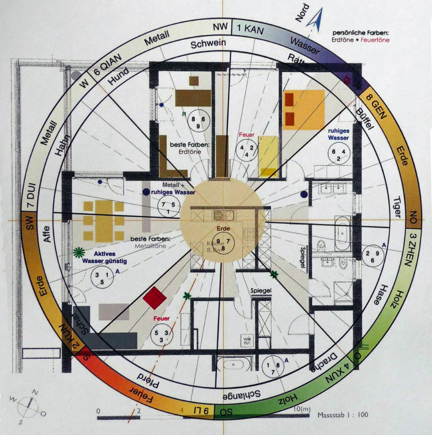 Hausbau Feng Shui: eine Karte vom Grundriss zeigt das Zentrum des Hauses