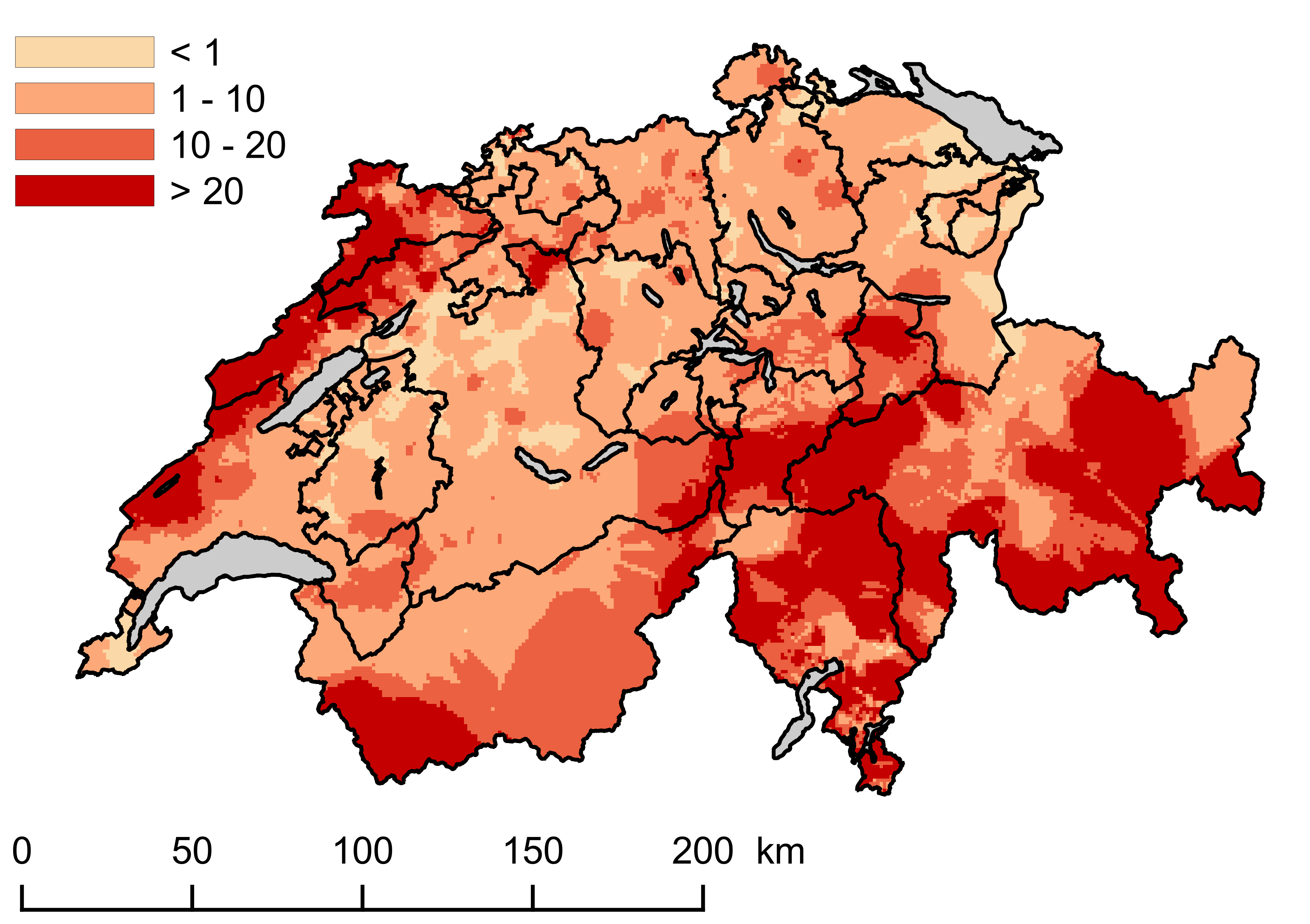 Eine rot eingefärbte Karte zeigt die Radonbelastung in der Schweiz