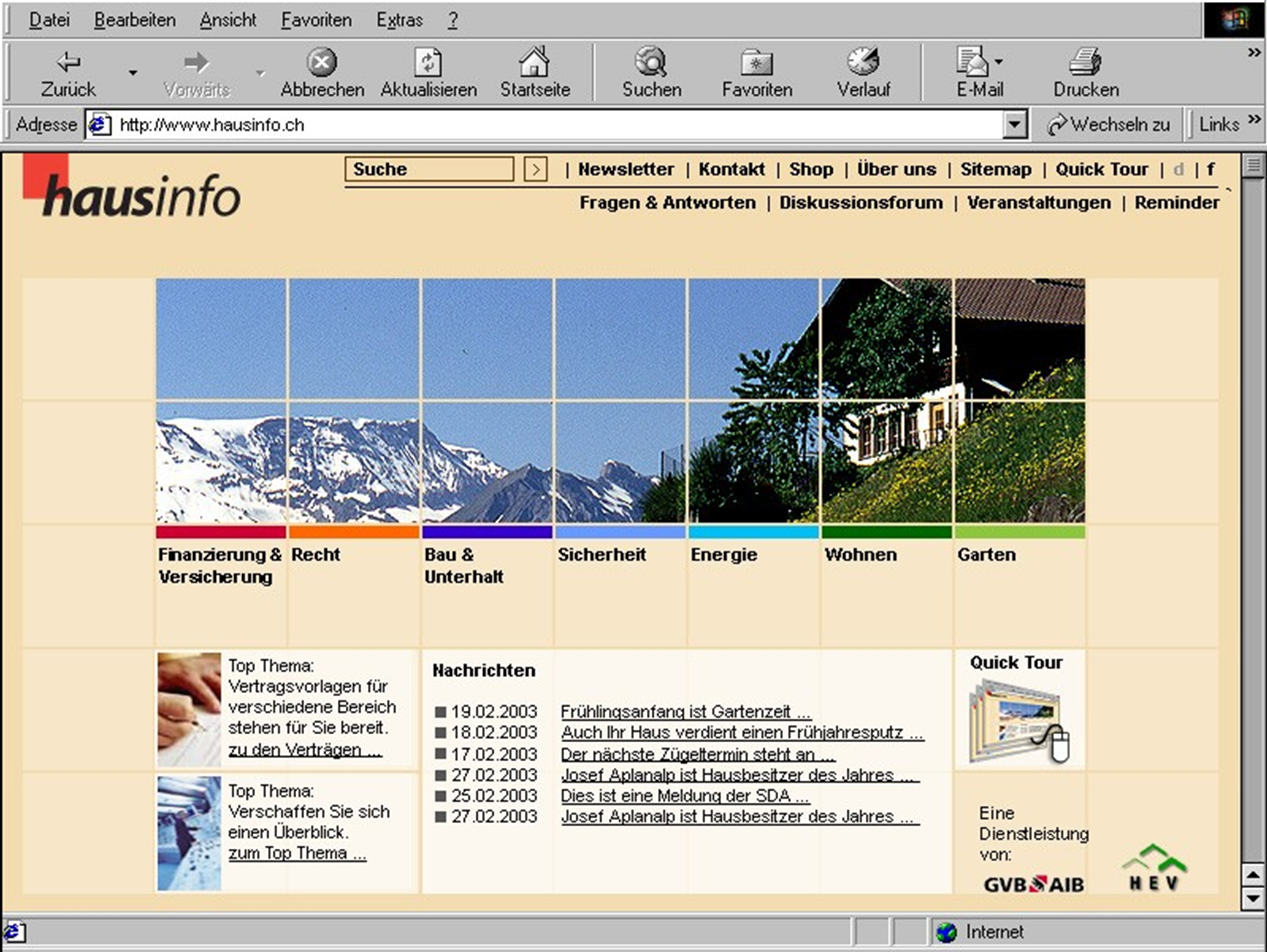 Die Online-Plattform hausinfo.ch in ihrem alten Design im Jahr 2003